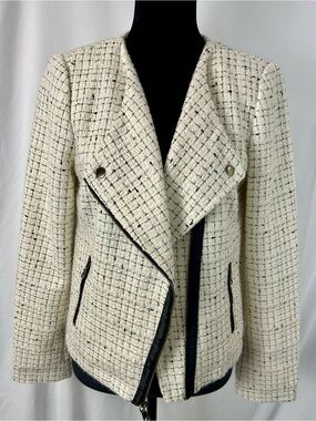 Banana Republic Ivory Boucle Tweed Moto Jacket Black Fleck Size 8